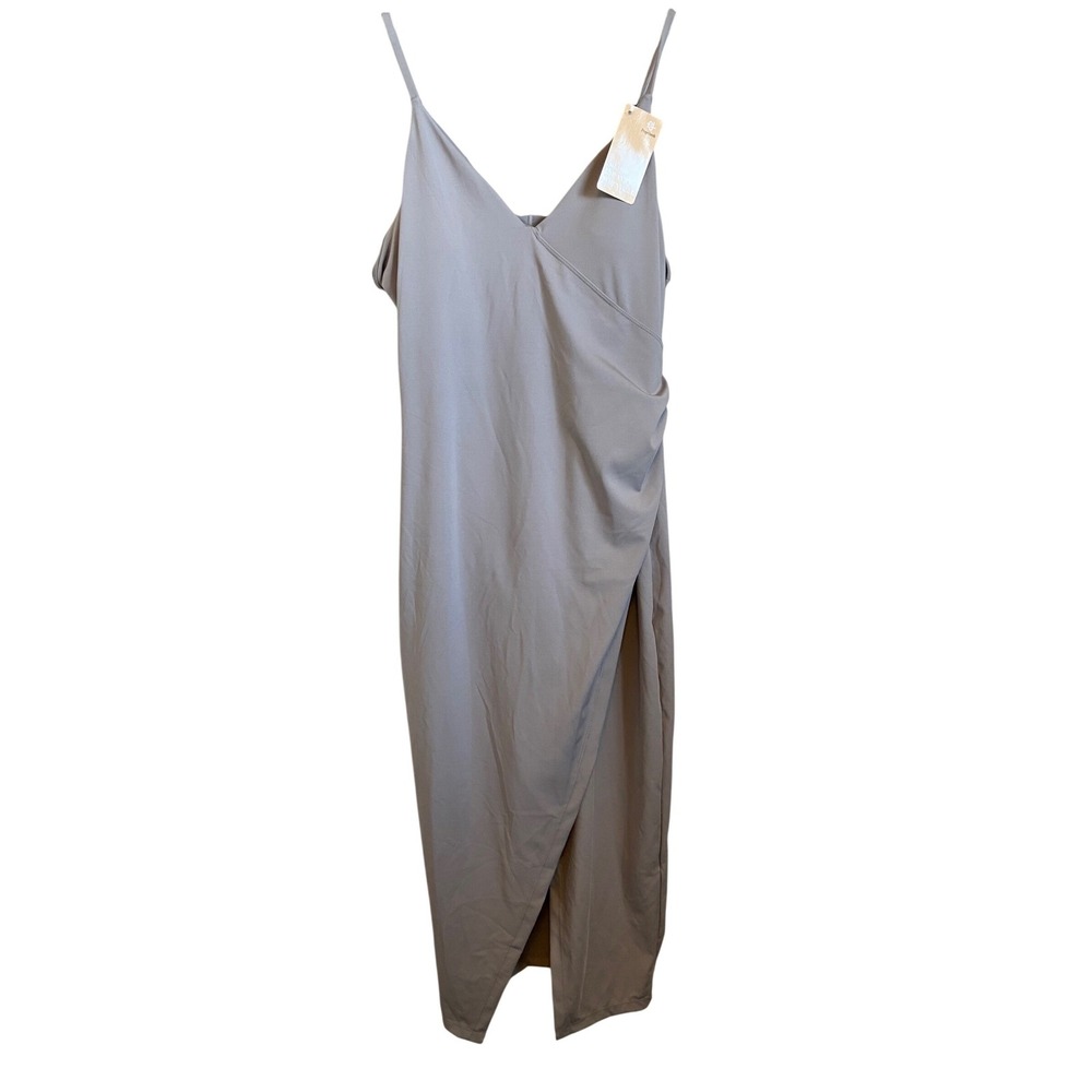 Popilush‎ Light Grey Built-In Shapewear Midi Dress V-Neck Tulip Hem New
